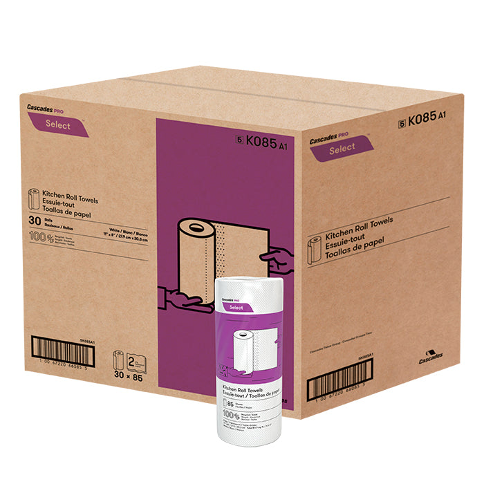 Cascades K085 Kitchen Roll Towel (2-Ply, 11 x 8in, 85 Sheets), 30 Rolls