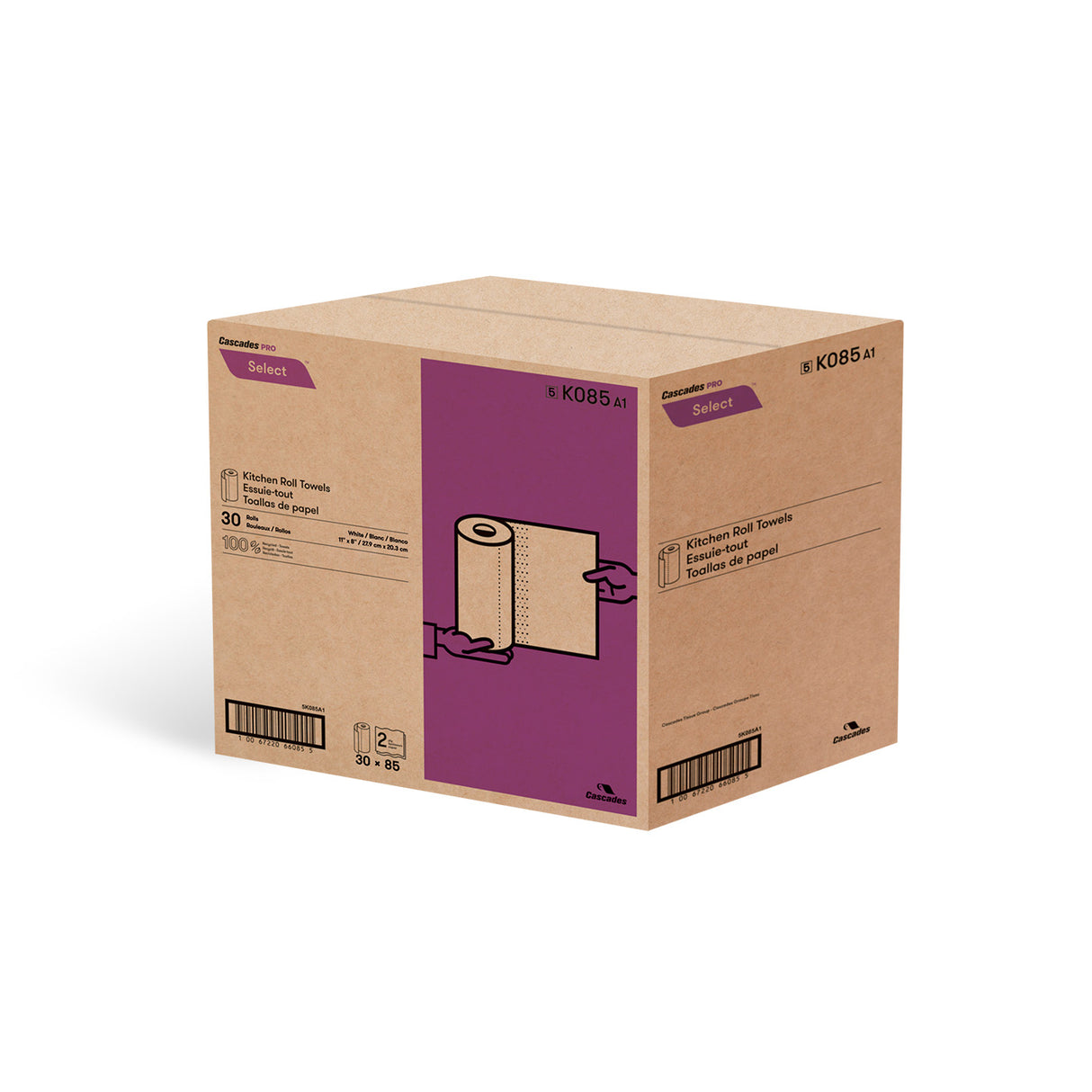 Cascades K085 Kitchen Roll Towel (2-Ply, 11 x 8in, 85 Sheets), 30 Rolls