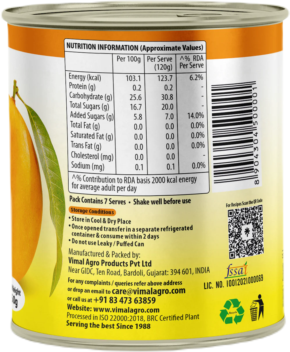 Swad Kesar Mango Pulp (Sweetened), 850g - 24 Count