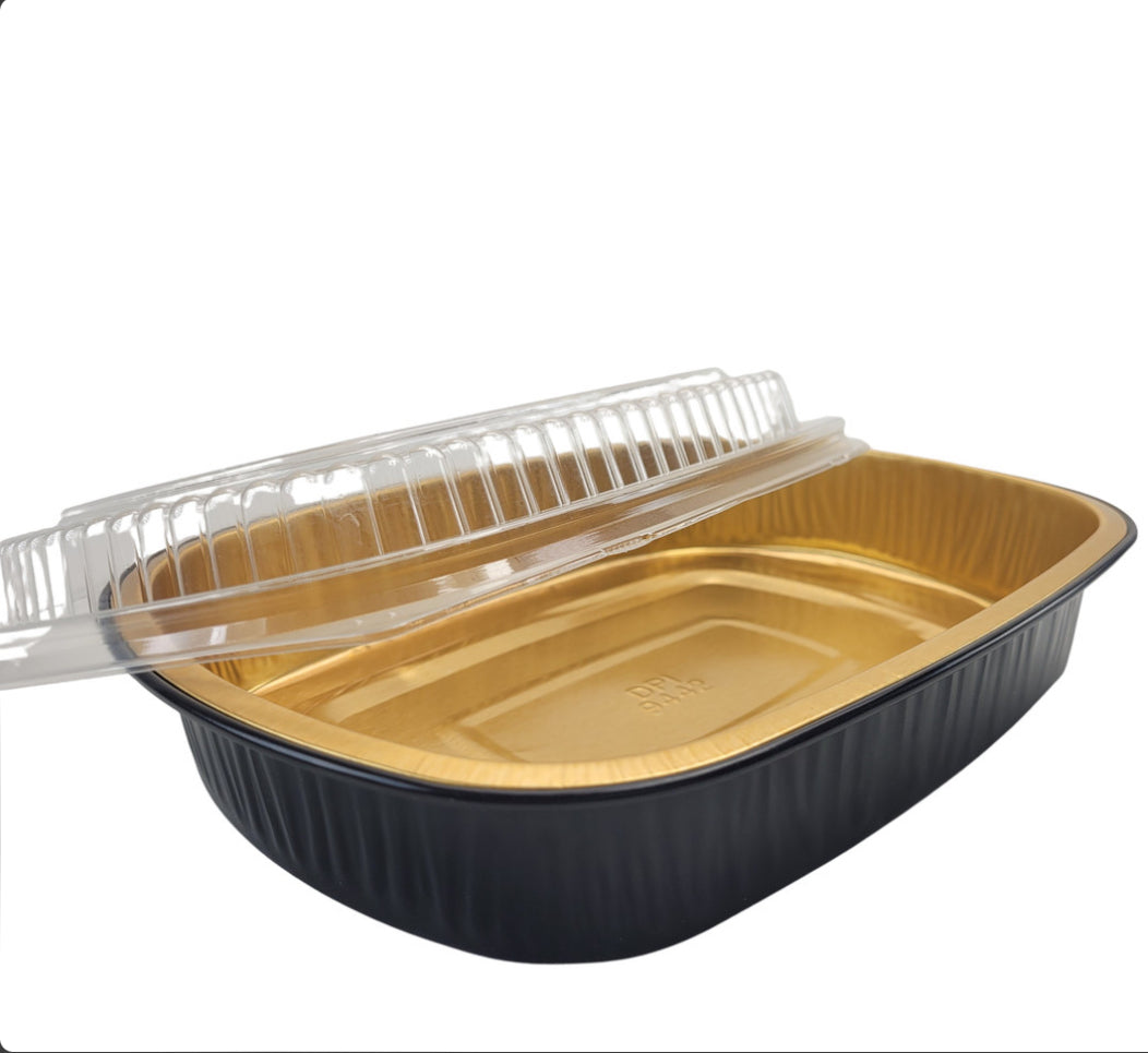 Black & Gold (24oz) Foil Entrée Pan w/ Dome Lid, 100 Pack
