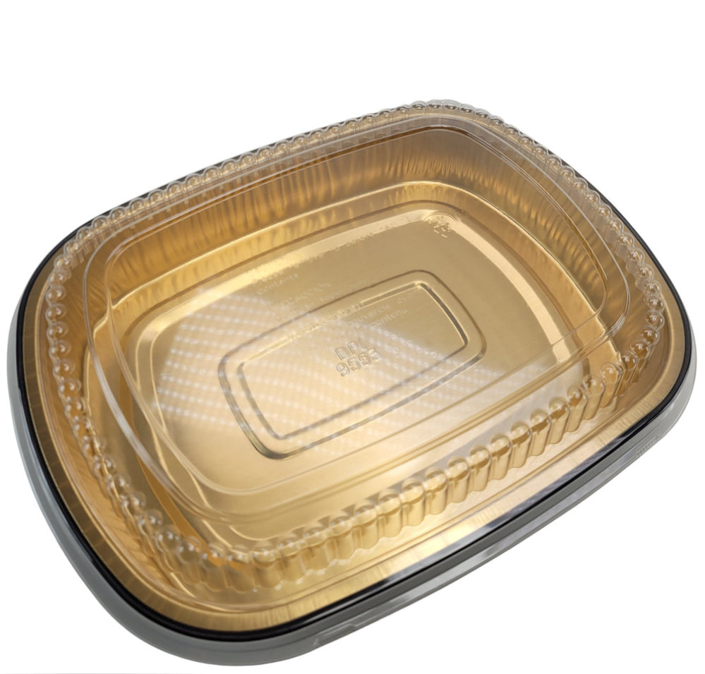 Black & Gold (48oz) Foil Entrée Pan w/ Dome Lid, 50 Pack