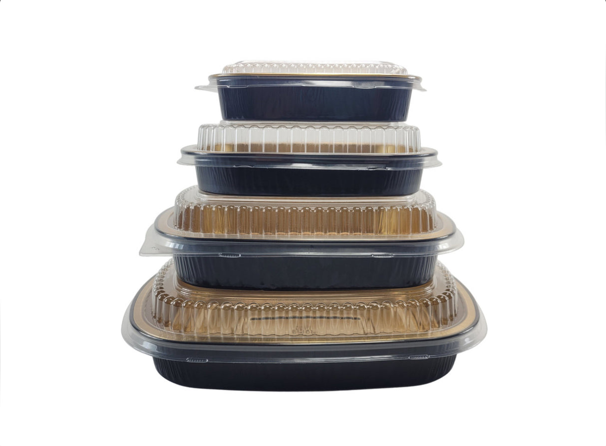 Black & Gold (24oz) Foil Entrée Pan w/ Dome Lid, 100 Pack