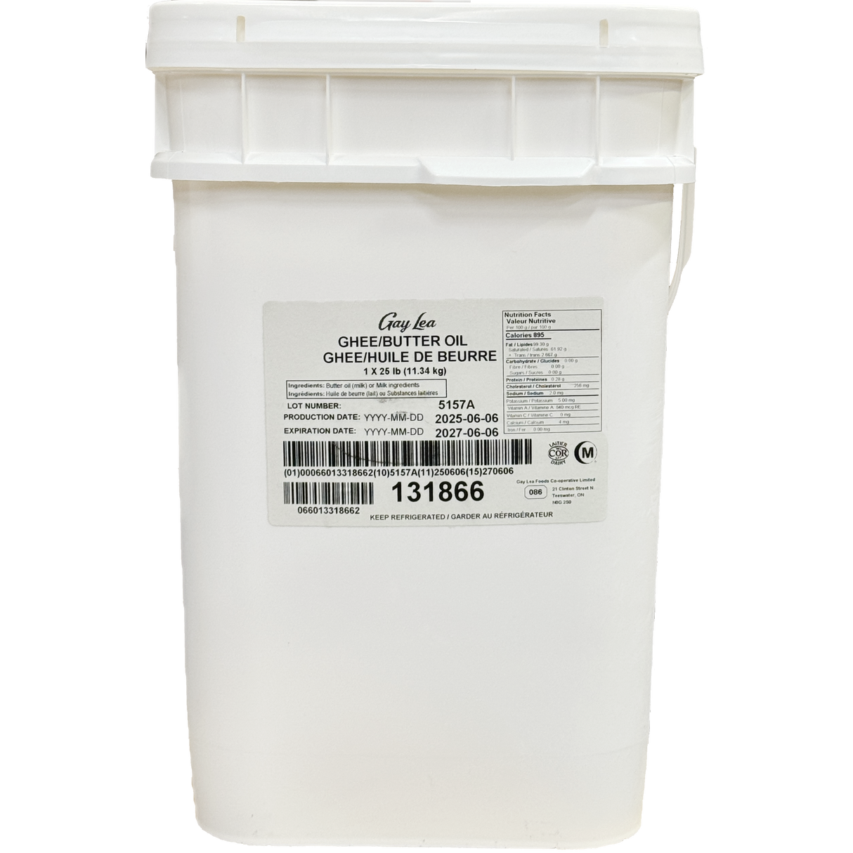 Gay Lea Clarified Butter Oil Desi-Ghee, Pail, 25lb/11.34kg