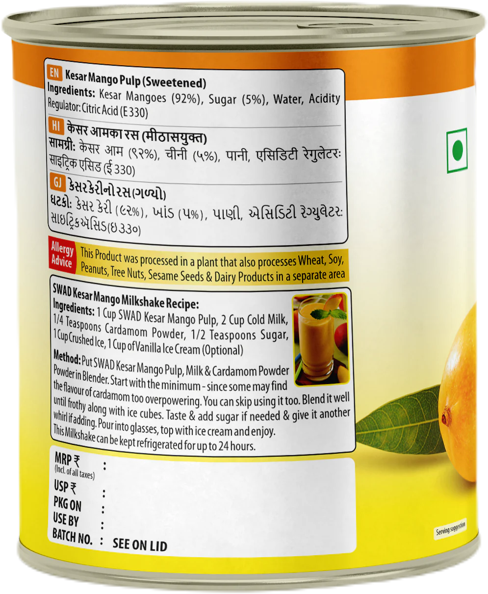 Swad Kesar Mango Pulp (Sweetened), 850g - 24 Count
