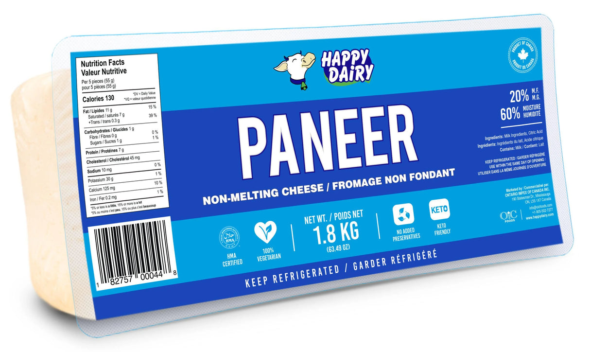 Happy Dairy Paneer Cheese 20%M.F. 1.8kg - 6 Count