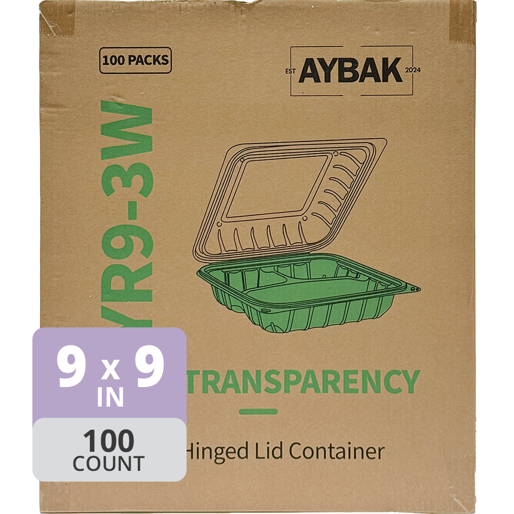 Aybak-93W Hinged PP Clear Top Take-Out (9 x 9 x 3in, 3-Comp), 150 Count