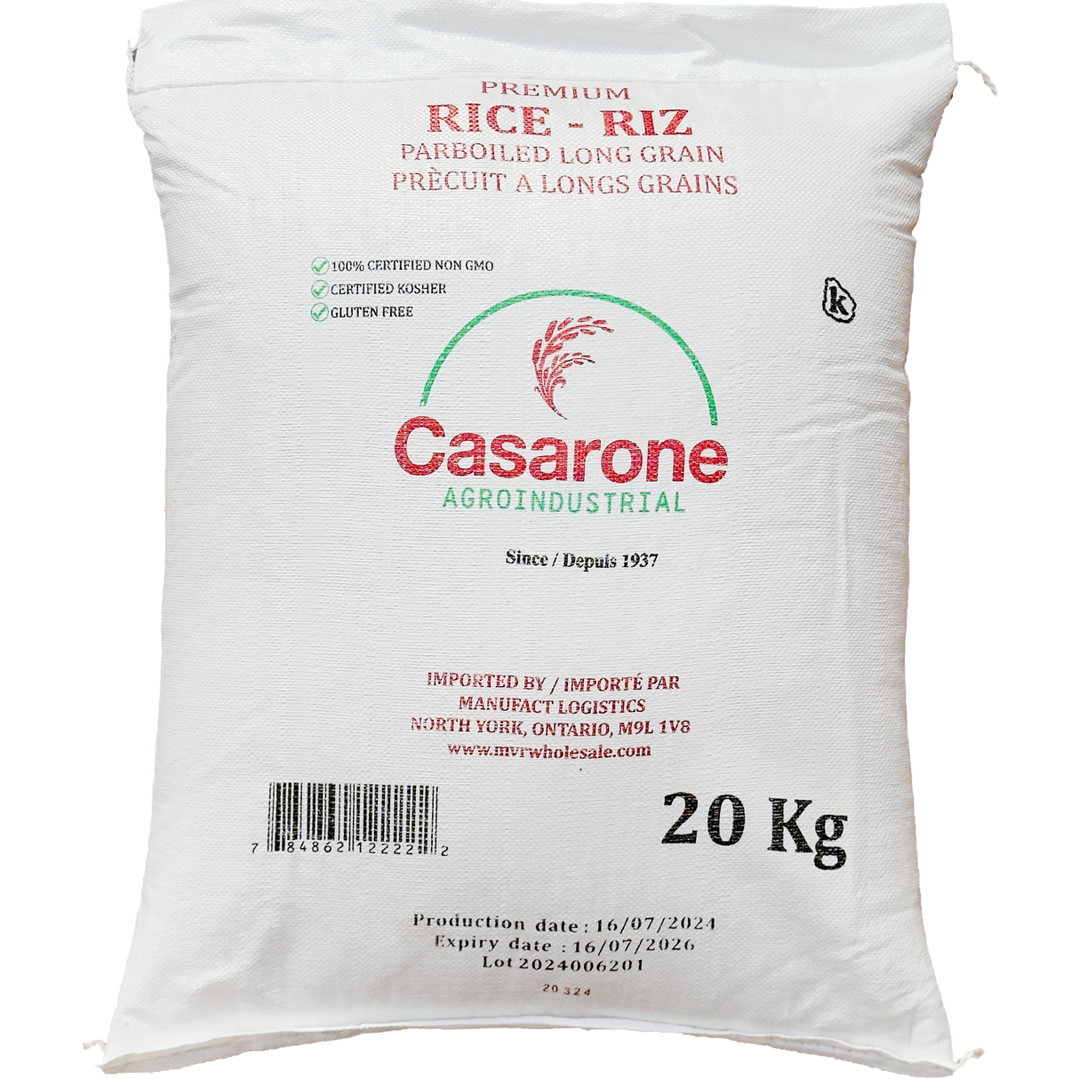 Casarone Parboiled Long Grain Rice, 20kg