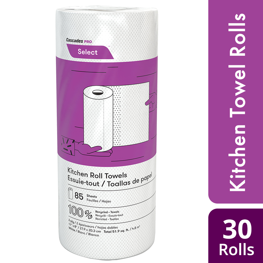 Cascades K085 Kitchen Roll Towel (2-Ply, 11 x 8in, 85 Sheets), 30 Rolls