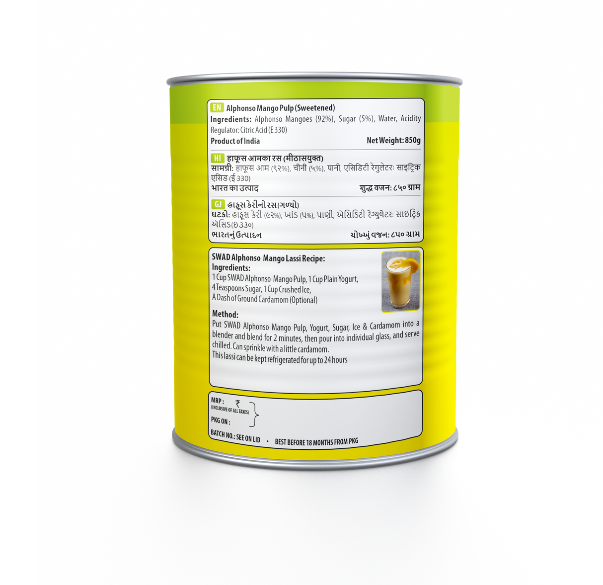 Swad Alphonso Mango Pulp 850g, 24 Count